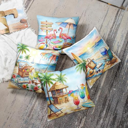 Throw Pillow Covers, Coastal Ocean, Set of 4, 18"x18" - color: Summer Beach