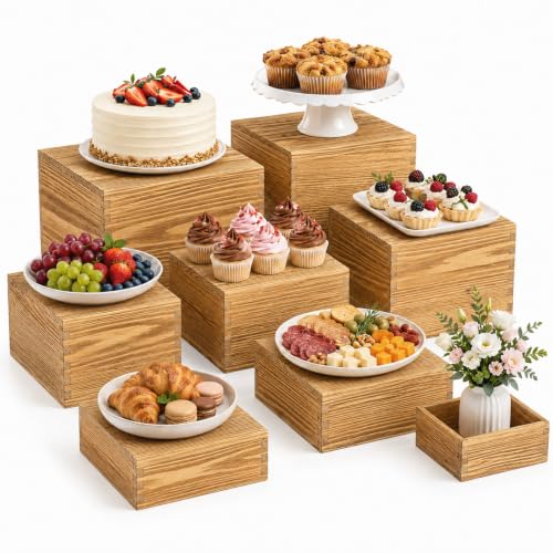 8 Pack Pine Wood Buffet Risers, Multi-Size Food Display Stands