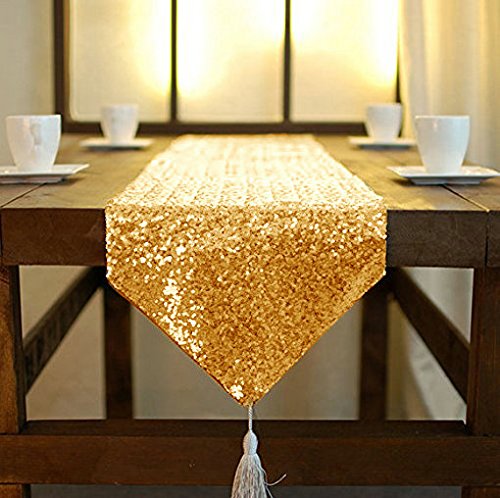 ShinyBeauty Sequin Table Runner Gold 12x72 Inch Glitz Metallic Table Cover Tassel Birthday Party Supplies Gold Sequence Table Linens Runner for Holiday Events - color: Gold, size: 12x72
