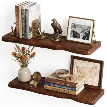 Walnut Finish Floating Shelves,Hidden Brackets,2-Pack,24 Inches Each
