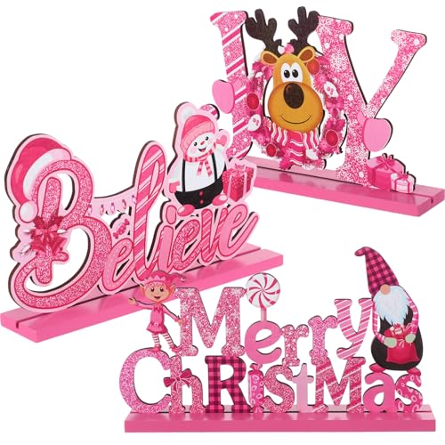 Blulu 3 Pcs Pink Christmas Wooden Signs Tabletop Farmhouse Centerpieces - color: Pink