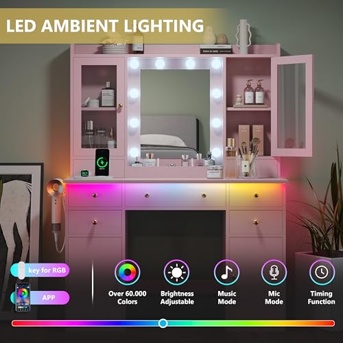Xixini 44" Vanity Desk with Mirror & Lights, Glass Storage Cabinets, Pink - color: Pink
