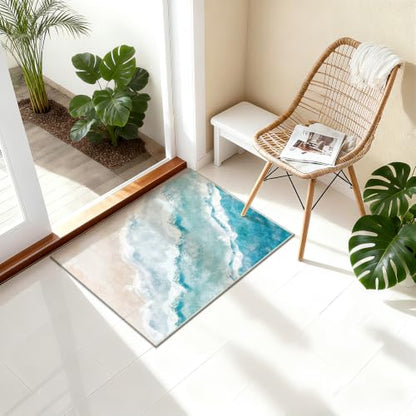 Beach Pattern 3x4ft Runner Rug Non Slip Washable Kitchen Runner Rug with Rubber Backing，Low-Pile Soft Washable Runner Rugs for Hallway Entryway Kitchen Bedroom Living Room Bathroom - color: Light Blue Beach, size: 3' x 4' (Rug)