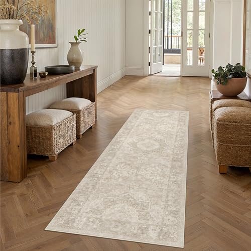PureCozy 2x6 Washable Runner Rug Beige Vintage Oriental Medallion - color: Beige, size: 2' x 6' (Runner)