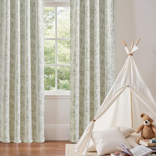 jinchan Green Blackout Curtains W38xL84 Woodland Back Tab 2 Panels - color: Sage Green on Beige, size: 38"W x 84"L (Pack of 2)