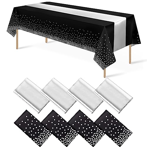 8Pack Disposable Plastic Tablecloths and Satin Table Runner Set Black and Silver Dot Tablecloth Silver Satin Table Runner for Wedding Birthday Baby Shower Anniversary Christmas New Year Party Supply - color: Black and Silver, size: 8 Pack