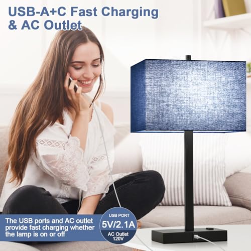 Lynnoland 21" Set of 2 Bedside lamp with USB A+C & AC Outlets, Touch Control 3-Way Dimmable Nightstand Lamps for Bedroom Living Room Office Reading, Blue Shade Touch Lamps, 5000K LED Bulbs Included - color: Blue Line & Matte Black