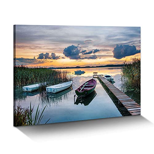 Lake Pier Canvas Wall Art: Modern Rustic Sunset Scenery Picture Nature Reed Landscape Painting Wilderness Boat Shore Gallery Artwork Colorful Skyline Sunrise Scene Prints for Bedroom Bathroom - color: Lake Pier, size: 24"L x 16"W