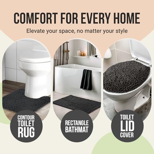 ITSOFT Standard 3pc Non-Slip Shaggy Chenille Bathroom Mat Set, Includes 24"x21" U-Shaped Contour Toilet Rug, 34"x21" Inches Bathmat and 1 Toilet Lid Cover, Beige - color: Beige, size: 24''x21’’, 34’’x21’’ and TLC (Set)