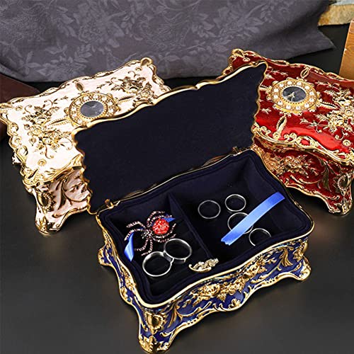Luxury Vintage Rectangle Metal Alloy Jewelry Box Trinket Organizer Storage Box with Rose Pattern for Women, Girls, Two-Layer Design, Gold & Blue, Large - color: Gold & Blue