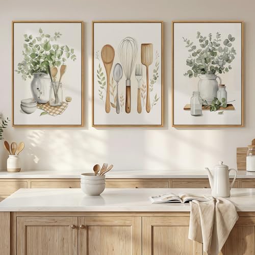 Framed Botanical Wall Art for Kitchen, 3 Piece Modern Farmhouse Sage Green Plant Canvas Painting Prints, Vintage Rustic Farmhouse Utensil Artwork for Kitchen Dining Room Coffee Bar Wall Decor, 16x24 - color: White & Green & Beige, size: 16" W x 24" H x 3P