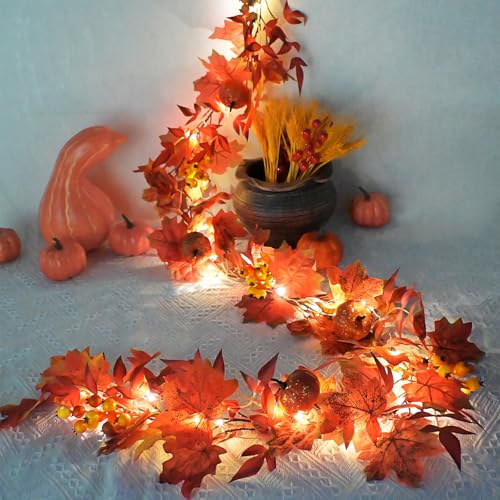 Fall Garland with Lights Timer 6.2FT Autumn Garlands Maple Leaves Pumpkin Berry Garlands, Fall Leaf Garland for Mantle Thanksgiving Harvest Christmas Decor for Table Fireplace Wall FrontDoor - color: Mixed Red