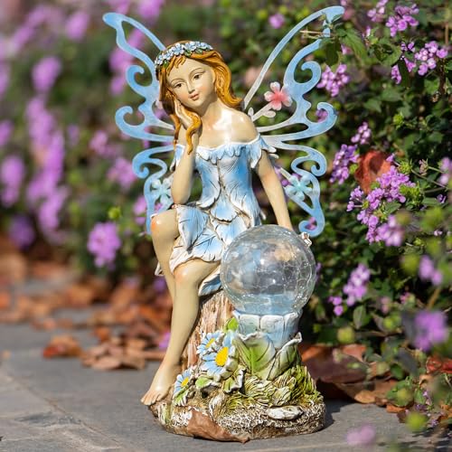 Suyorpe Garden Fairy Statues Solar Outdoor Decor - Fairy Garden Accessories, Fairies Figurine for Outside Gifts,Resin Ornaments for Patio Yard Lawn - color: Blue