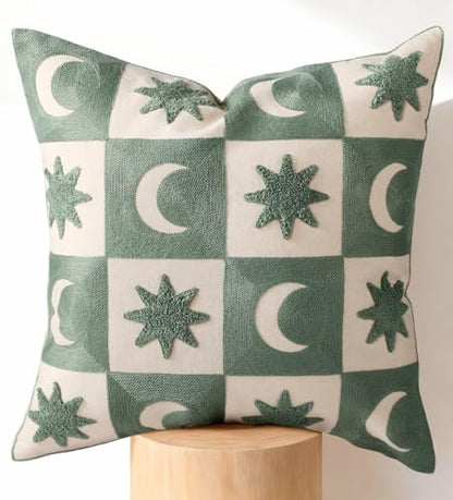 Embroidered Throw Pillow Cover 18x18 Inch, Star Moon Grid - color: Star Moon Grid, size: 18" x 18" (Pack of 1)