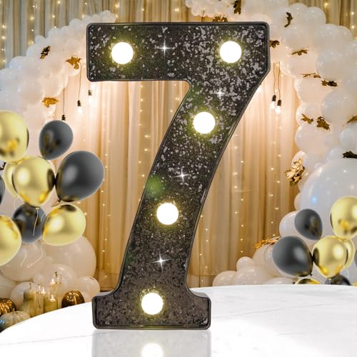 Black Glitter LED Marquee Number 7, Warm White Light Decor Sign - size: Number-7