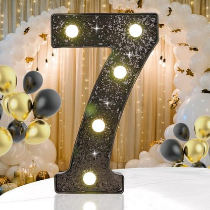 Black Glitter LED Marquee Number 7, Warm White Light Decor Sign - size: Number-7