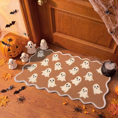 Halloween Door Mat Outdoor Scalloped Ghost Rug Cute Faux Coir Welcome Mat - style: Ghost