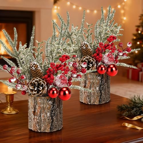 Small Christmas Table Centerpiece with Pinecones & Red Berries, Rustic Farmhouse Christmas Centerpieces for Coffee Bar, Mantel, Kitchen Island, Window Sill & Entryway Table Holiday Decor (2pcs