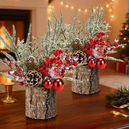 Small Christmas Table Centerpiece with Pinecones & Red Berries, Rustic Farmhouse Christmas Centerpieces for Coffee Bar, Mantel, Kitchen Island, Window Sill & Entryway Table Holiday Decor (2pcs