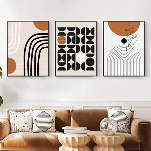 QKF 3Pcs Black Brown Boho Abstract Geometric Line Framed Canvas Wall Art - color: Brown Black And White, size: 20" X 28" X 3 pieces