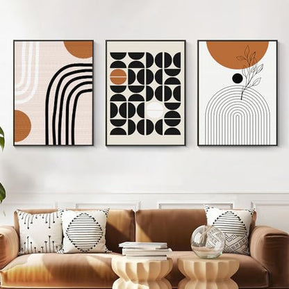 QKF 3Pcs Black Brown Boho Abstract Geometric Line Framed Canvas Wall Art - color: Brown Black And White, size: 20" X 28" X 3 pieces