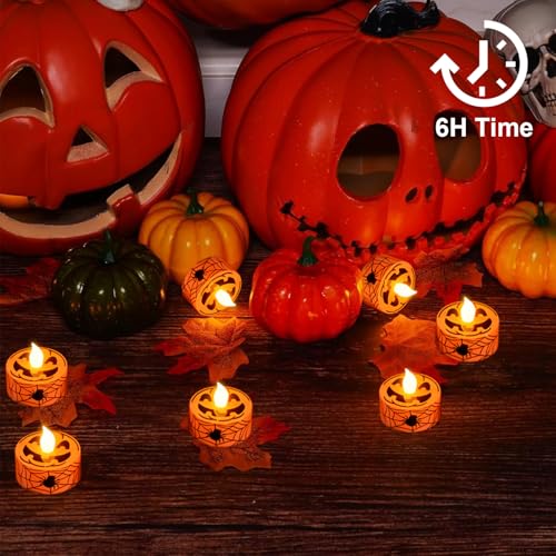 GenSwin Pumpkin Spiderweb Halloween Flameless Candle Battery Operated Timer - color: 12-Orange