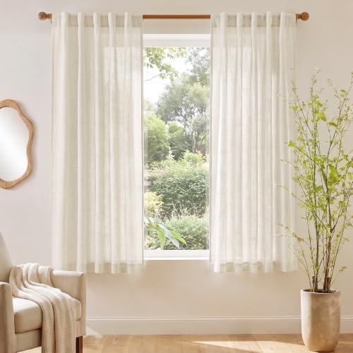 NICETOWN Sheer Linen Curtains 63 Inch Length for Bedroom Living Room 2 Panels, Ivory Rod Pocket & Back Tab Semi Sheer Drapes Privacy Semitransparent Farmhouse Window Treatment, W42 x L63 - color: Linen Ivory, size: 42"W x 63"L (Pack of 2)