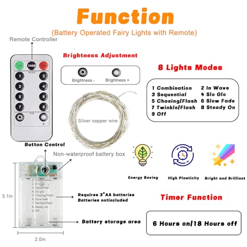 3 Pack 60 LED Fairy Lights Battery Operated with Remote, 20 FT Cool White - color: Cool White, size: 3PK（60LED with Remote）
