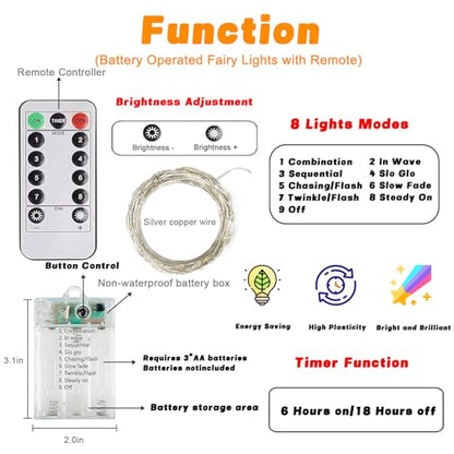 3 Pack 60 LED Fairy Lights Battery Operated with Remote, 20 FT Cool White - color: Cool White, size: 3PK（60LED with Remote）
