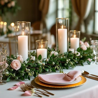 24-Pc Set: 12 White Pillar Candles & 12 Hurricane Glass Holders