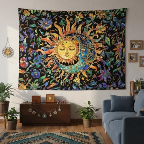 Aipon Sun and Moon Tapestry for Bedroom Boho Hippie Floral Wall Tapestry Aesthetic Vintage Stained Glass Plant Small Tapestries Wall Hanging for Living Room Dorm 48 x 36 Inch - color: Stained Glass Orange, size: 48"L x 36"W