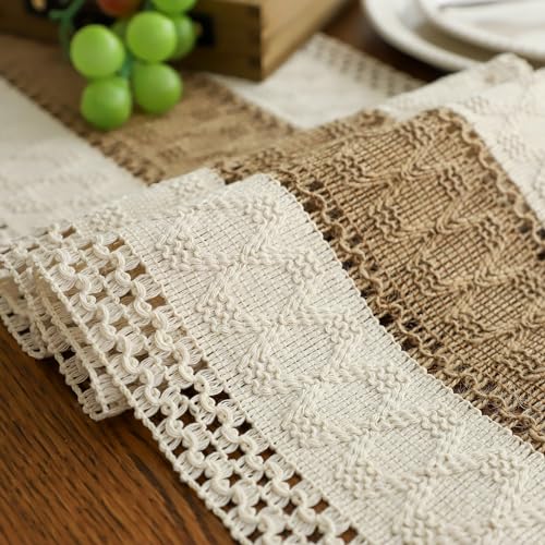 Simple&Opulence Boho Macrame Table Runner - 12 x 60 Inch, Splicing Burlap Farmhouse Cotton Table Runner with Fringed Edges for Bohemian Rustic Wedding, Bridal Shower, Dinner （White & Brown） - size: 12"x60", style: Brown