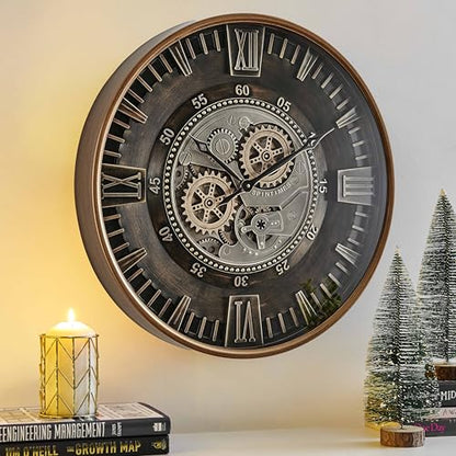 CLXEAST 24 Inch Large Wall Clock with Moving Gears, Antique Gold - color: Antique Brass Gold, size: 24 Inch