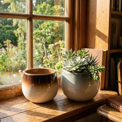 Ceramic Plant Pots, 5.5 Inch Indoor Planters, Ombre Glaze for Houseplants - color: Gradient Brown & Gray