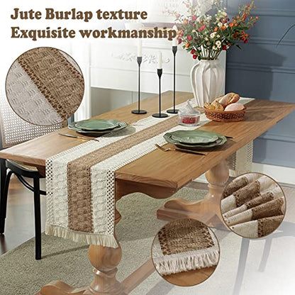 Boho Burlap Macrame Table Runner, Farmhouse Style Cotton Linen Rustic Woven Table Runner with Tassels for Dining, Wedding, Bridal Shower, Bohemian (12x108 inch, Coffee Stripe) - color: Coffee Stripe, size: 12x108 inch