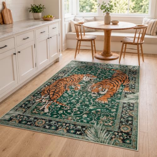 Moynesa Boho Tiger 4x6 Rug, Washable Non Slip Area Rug for Living Room - color: Green, size: 4' x 6' (Rectangular)