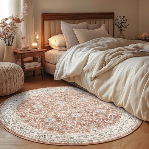 jinchan 4ft Vintage Floral Round Rug, Circle Washable Rug, Orange - color: Multi Orange, size: 4' (Round)