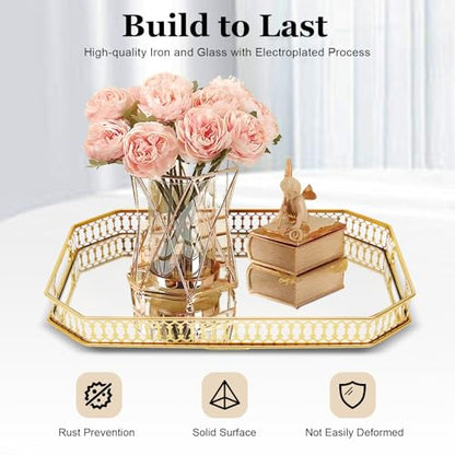 Serving Tray, Gold Perfume Tray 13.8"x9.6" Mirrored Vanity Tray Glass Metal Trinket Storage Tray Decorative Jewelry Tray for Dresser Bathroom Countertop (Rectangular) - size: 13.8" x 9.8" x 2"