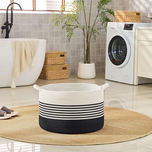 KAKAMAY Large Blanket Basket with Handles, Storage Basket for Living Room - color: Black Stripe