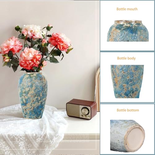 Rustic Ceramic Flower Vase,11.8in Large Chinese Style Vase,Blue - color: Blue B