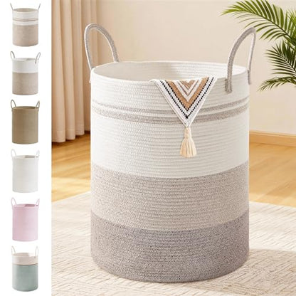 88L Large Tall Cotton Rope Laundry Basket with Handles, Brown Striped - color: Brown Striped, size: 88L