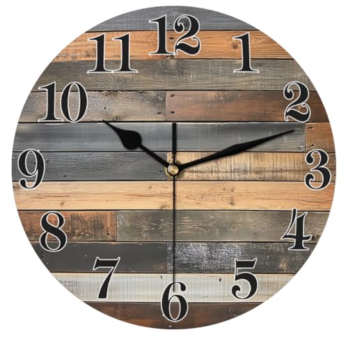 Vintage Coastal Wooden Print Wall Clock Battery Operated 10 in Round Wall Clocks Slilent Non Ticking Quartz Analog Clock for Bedroom Kids Living Room Classroom Decor - color: Beach Wooden Print