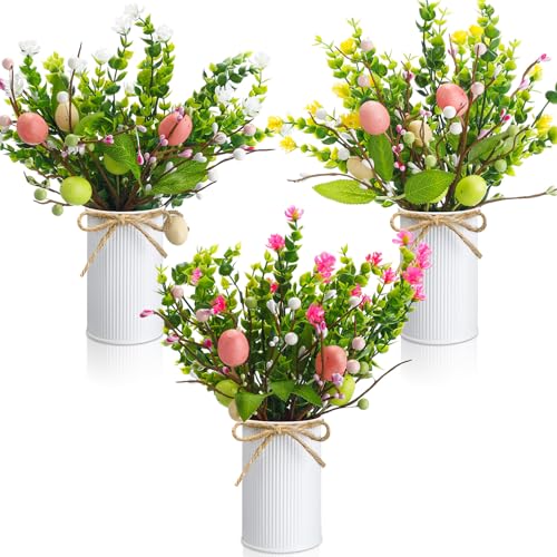 Riceshoot 3 Set Easter Table Centerpiece Artificial Egg Picks with Metal Pots Easter Sprays with Eggs Berries Eucalyptus Flowers Plants for Spring Home Decor(White) - color: White