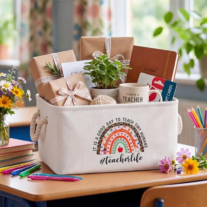 Marsui 1 Pcs Teacher Gift Basket Foldable Linen Storage Basket with Handles - color: White, size: Teacher