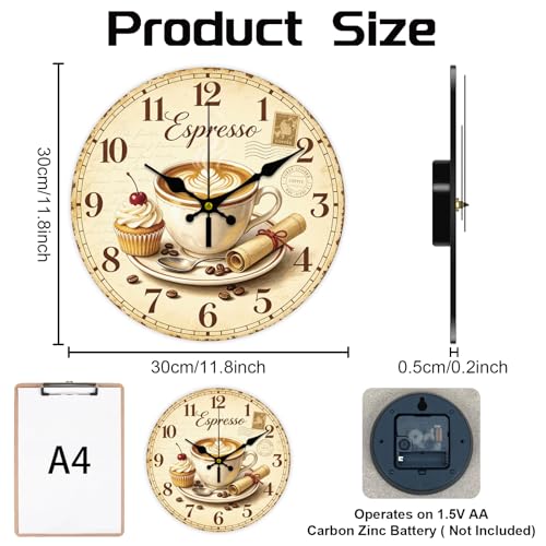Vintage Coffee Wall Clock Silent Non-Ticking 12" for Living Room Decor - color: Vintage Coffee