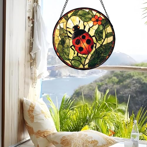 Ladybug Flower Stained Glass Window Hanging Suncatcher Gifts for Women 12" - color: Red and Black, size: 11.8x11.8 IN