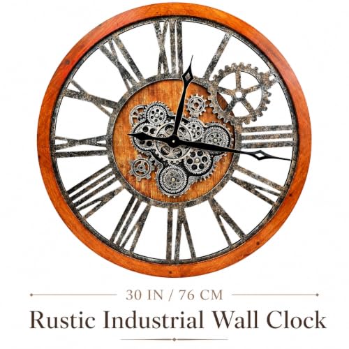 The B-Style Large Wall Clock 30 inch Brown and Bronze - color: Brwon With Bronze Gears, size: 30 inch (76 cm)
