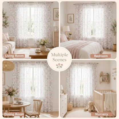 OWENIE Dusty Pink Watercolor Floral Printed Sheer Curtains 84 Inches Long - size: 40"W x 84"L (Pack of 2)