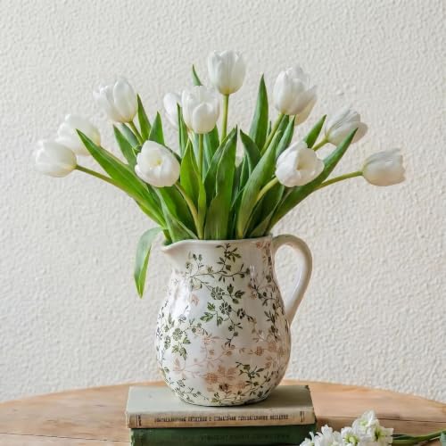 Ceramic Green and White Floral Vase with Handle, Rustic Farmhouse Pitcher Flower Vase, Chinoiserie Floral Vase for Home Decor, Living Room, Shelf, Office, Rustic Table Centerpiece 8 Inch - color: Green and White, size: Large Pitcher