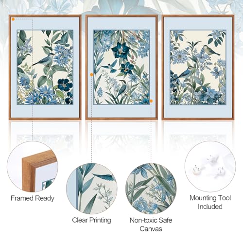 Aurlan 3 Pcs Blue Birds Flowers Framed Canvas Wall Art 16x24 Inch - color: Blue Birds on Botanical, size: 16"L x 24"W
